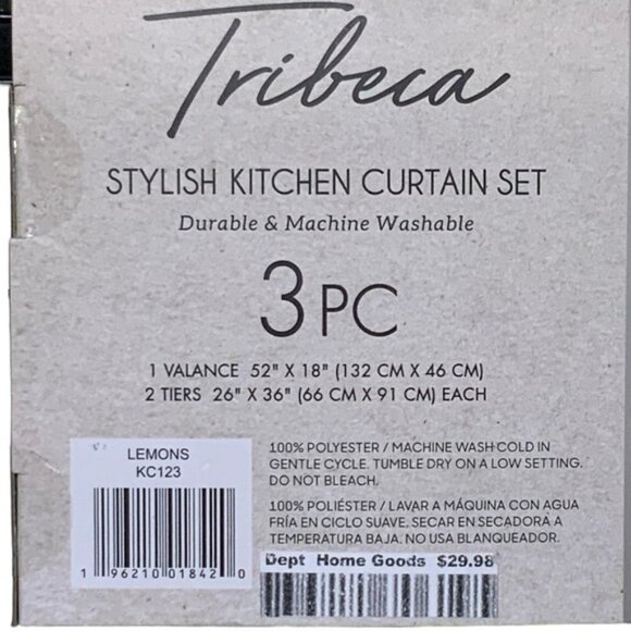 Tribeca Cafe Curtain Set Lemon Print 3 Piece Tier Set Fruit Floral White Yellow - Picture 10 of 15